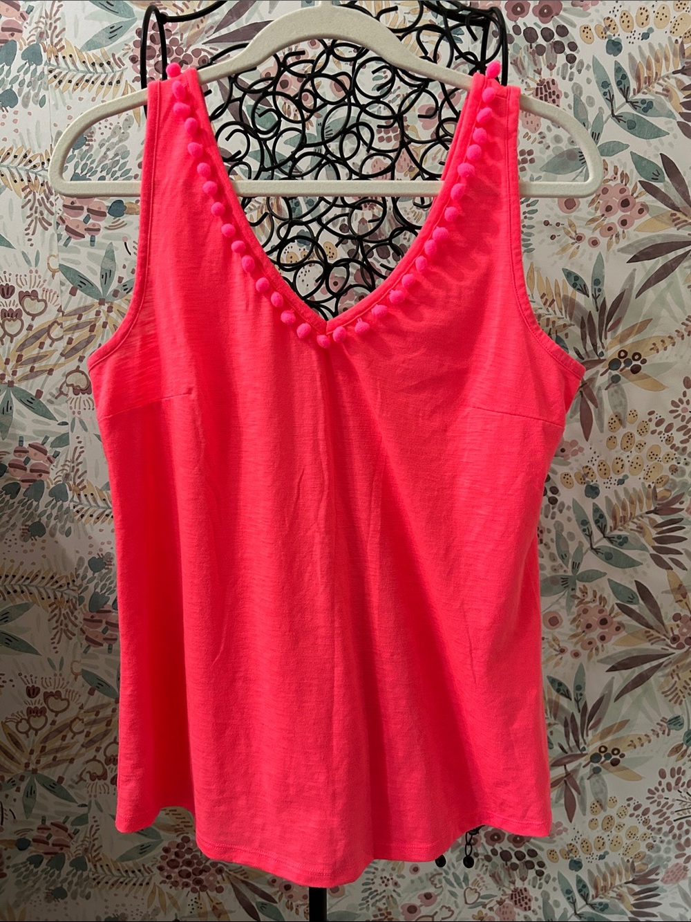 Lilly Pulitzer Gigi Pom-Pom Neon Pink Solid Tank Top Sleeveless Size Medium